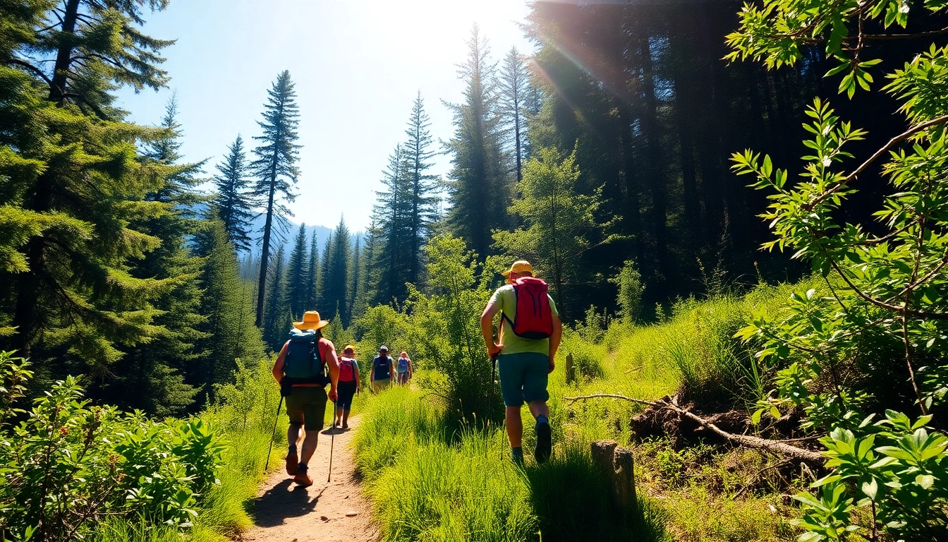 Hiking in lush forests, hikers trekking along scenic trail with vibrant greenery and fresh air, ideal for outdoor adventure enthusiasts.