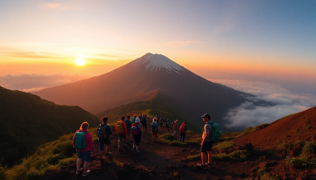 An inspiring sunrise view of Mount Rinjani with hikers ascending the trail, showcasing lush greenery and the mountain's snowy peak in the background.