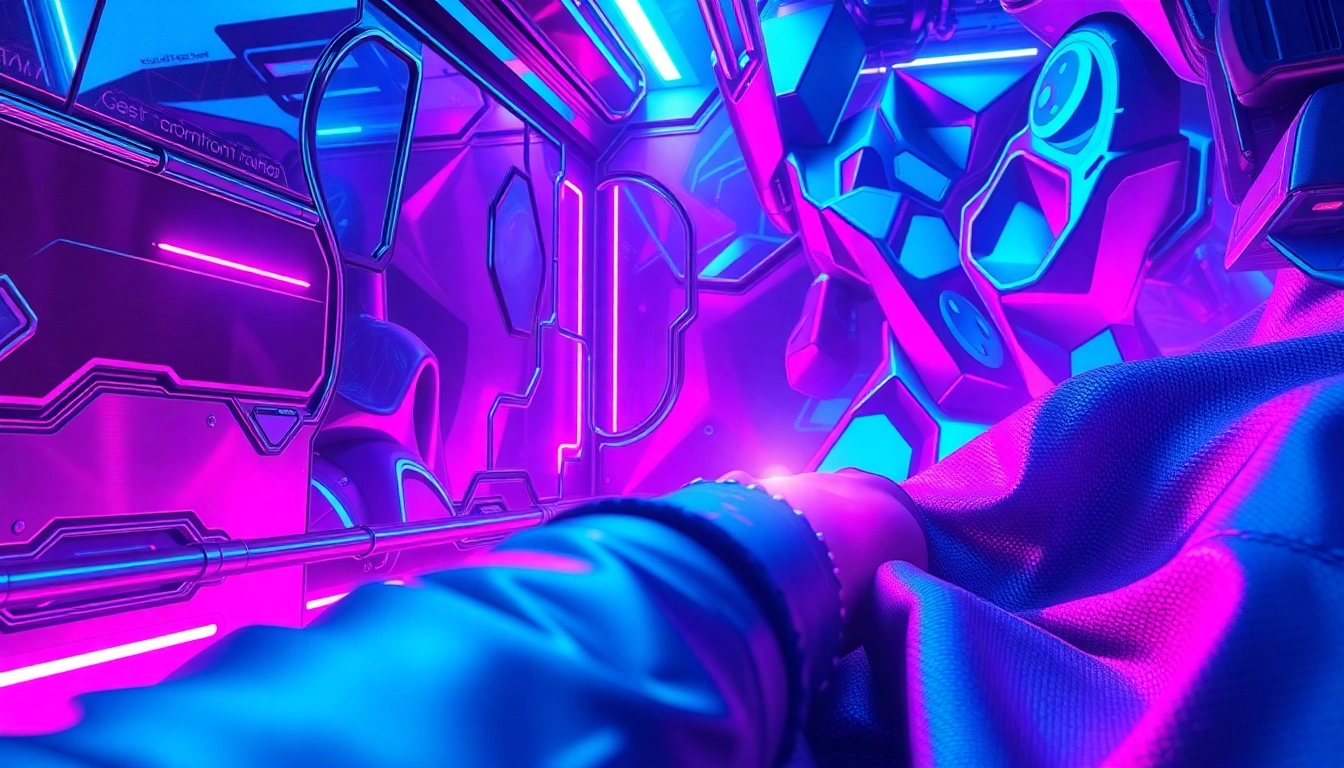 Futuristic cyberpunk scene with neon lights and metallic textures
