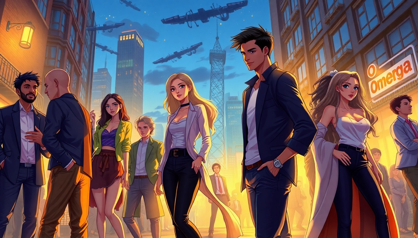 Illustration of an alpha and omega character in a cityscape at dusk, highlighting themes of connection and hierarchy in Omegaverse.