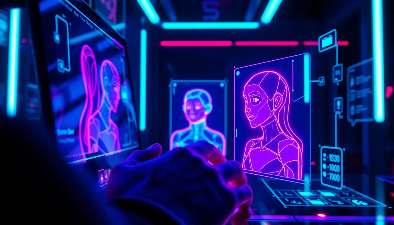 Futuristic digital environment showing AI chatbot avatars on holographic interfaces, glowing neon lights, modern tech aesthetic