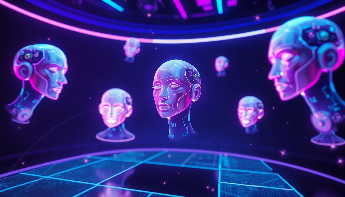 Futuristic digital scene with holographic AI characters in a neon-lit space environment, showcasing advanced technology and virtual interaction.
