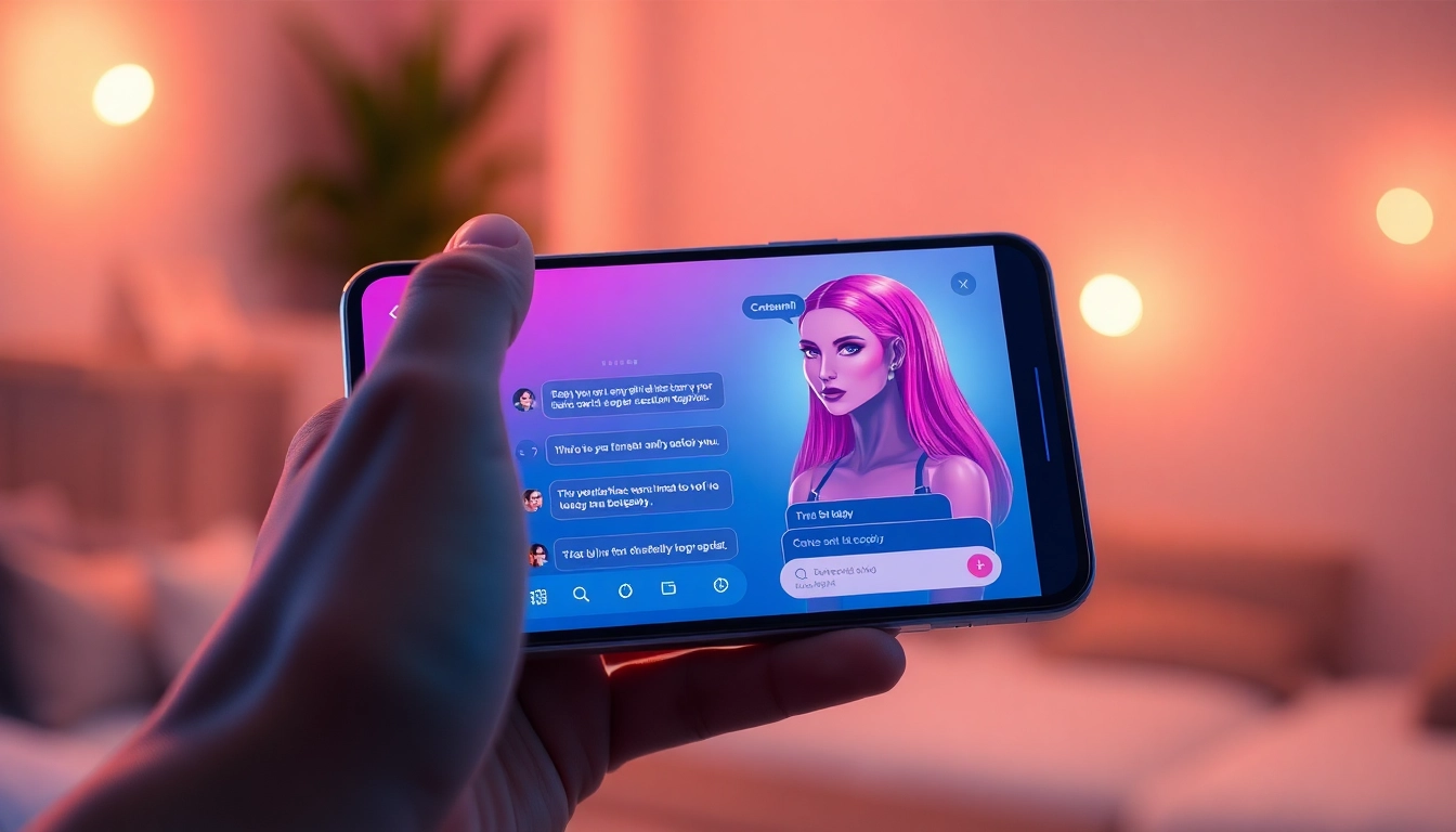 Close-up of a smartphone displaying an adult AI chatbot interface with customizable characters in a modern, ambient setting.