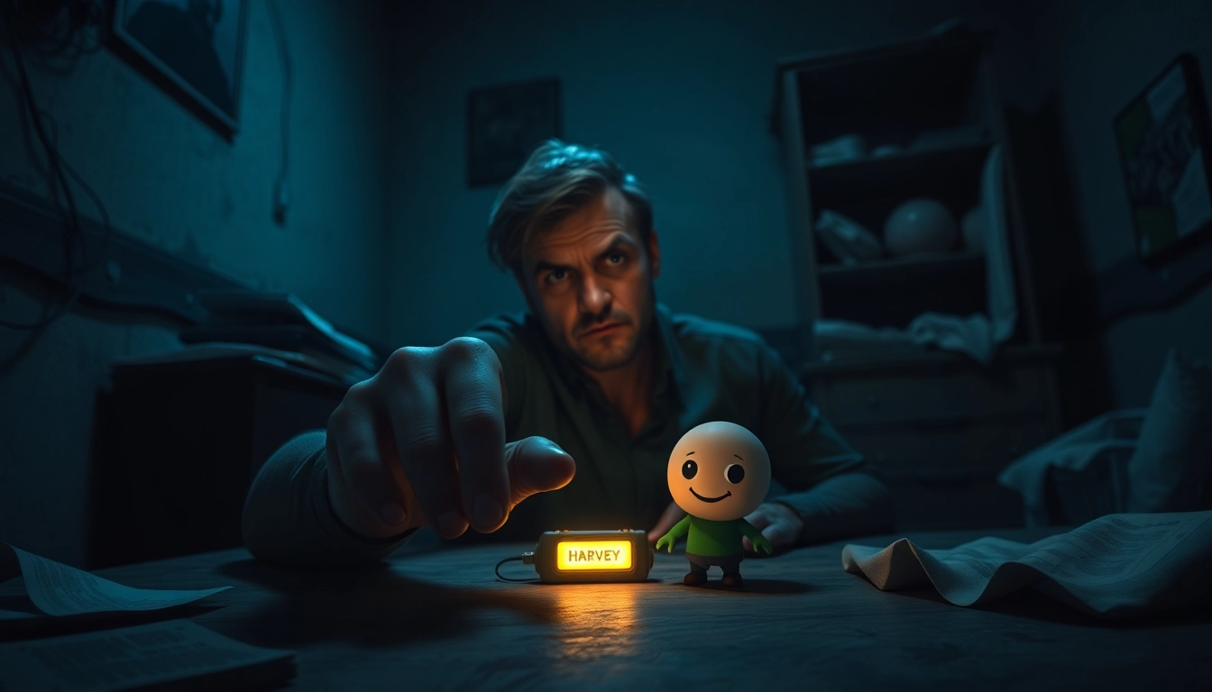 A distressed man with a clicker in a dark room, with Harvey, a cheerful cartoon character, showing fear as the man prepares to click, emphasizing tension and moral conflict.