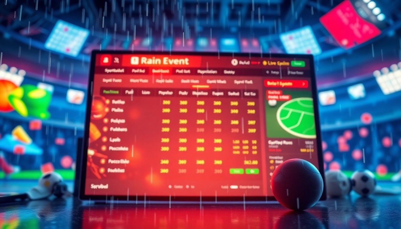 Digital sportsbook platform with sports icons and betting odds, with rain effects and energetic lighting