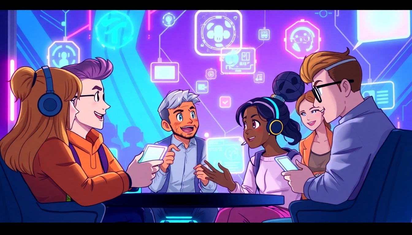 Futuristic digital chatroom with diverse animated characters and holographic interfaces in vibrant colors.