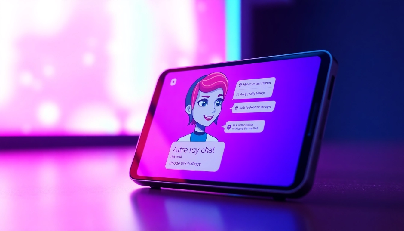 Futuristic AI chat interface on a sleek device screen with a colorful, cyberpunk-inspired background and an animated AI character engaging in conversation.