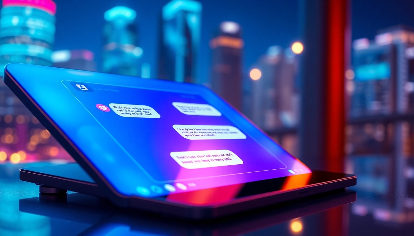 Close-up of a futuristic tablet screen showing a flirtatious AI chat conversation with vibrant neon colors and modern design.