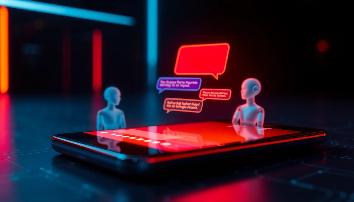 Futuristic AI chatbot interface on a sleek device screen with glowing chat bubbles and digital AI characters.