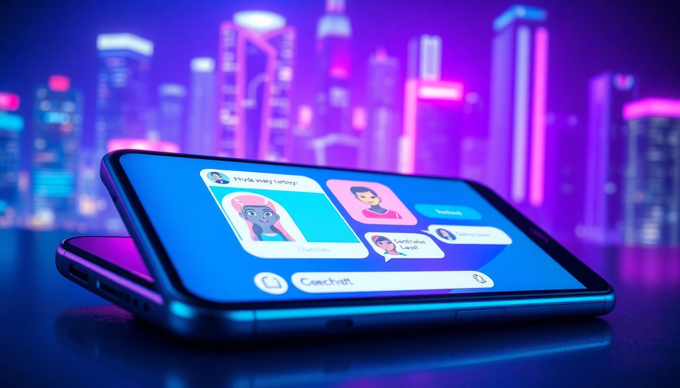 Close-up of a smartphone displaying a futuristic AI chatbot interface with colorful avatars and neon city background at night.