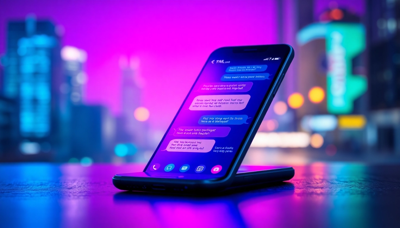 Futuristic smartphone displaying a neon-lit chat interface with holographic conversation bubbles at night.